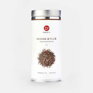 May include: A silver tin of organic roasted green tea called "Hojicha" with Japanese characters on the label. The tea is from Sendai Tea and is 50g (1.76 oz).