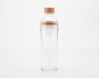May include: A clear plastic water bottle with a brown lid and a built-in strainer. The bottle is designed for making infused water.