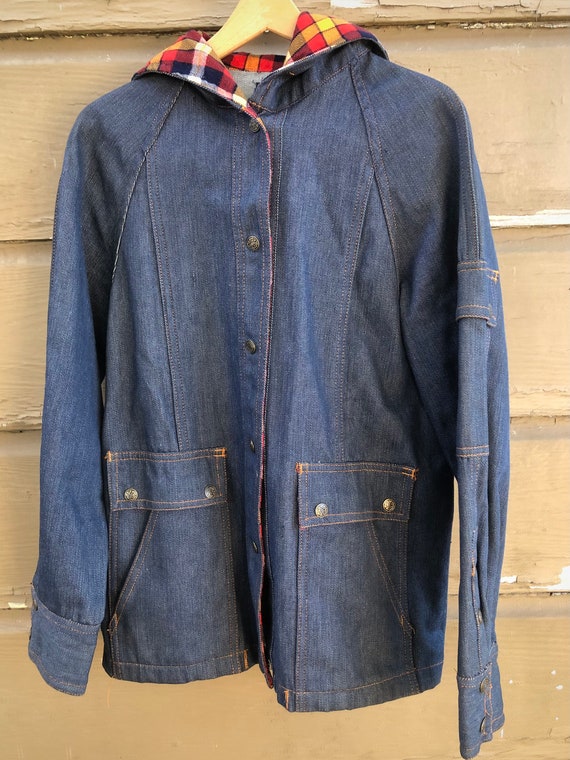90s Hooded Vintage Denim Chore Jacket with Flanne… - image 2