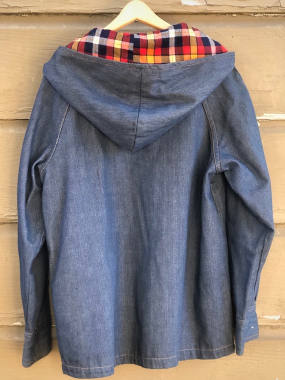 90s Hooded Vintage Denim Chore Jacket with Flanne… - image 3
