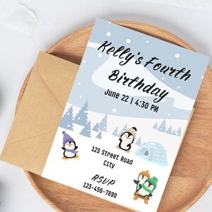 Modèle de carte d'anniversaire personnalisable thème pingouin hiver pour toile - Téléchargement immédiat, carte numérique personnalisable pour enfants, animaux mignons