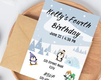Sjabloon verjaardagskaart winterpinguïn: aanpasbaar kinderfeest (digitale download)