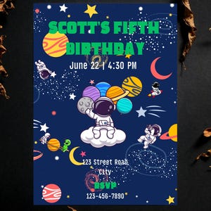 Personalized Astronaut & Space Theme Birthday Card Template for Canva - Instant Download, Customizable, Digital Card for Kids, Cartoon Space