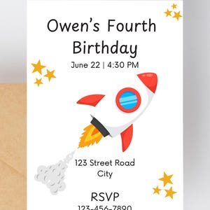 Bewerkbare en personaliseerbare Rocket Ship-thema verjaardagskaartsjabloon voor Canva - Instant Download, aanpasbare digitale kaart voor kinderen, jongens