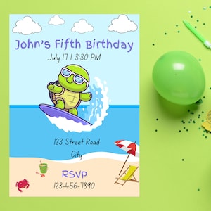Editable Turtle Beach Birthday Card Template - Instant Download, Customizable, Digital Birthday Card, Beach Party Theme, Kids Birthday Card