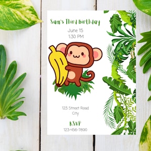 Editable Monkey Jungle Birthday Card Template - Instant Download, Customizable, Digital Birthday Card, Jungle Animal Theme, Kids Party Card