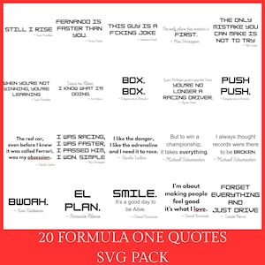 Könnte beinhalten: Eine Sammlung von 20 Formel-1-Zitaten in schwarzem Text auf weißem Hintergrund. Die Zitate stammen von berühmten Fahrern wie Lewis Hamilton, Fernando Alonso, Max Verstappen, Kimi Räikkönen, Charles Leclerc und Michael Schumacher. Die Zitate werden in einem Rasterformat mit einem roten Rand um das gesamte Bild angezeigt. Der Text am unteren Rand des Bildes lautet "20 Formel-1-Zitate SVG-Paket".