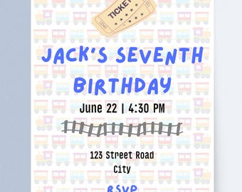 Train Birthday Card Template: Customizable Kids Party (Digital Download)
