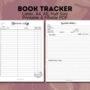 Diario de lectura imprimible, Rastreador de libros, Reseña de libros, Lista de lectura, Libros que he leído, PDF A5/A4/Carta/Medio tamaño