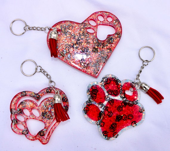 Glitter Paw Print Resin Keychain Set: Dog Tag with Tassel