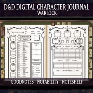 DND Warlock Digital Character Journal, Dungeons and Dragons 5e, Spell Cards Included, Elven Design