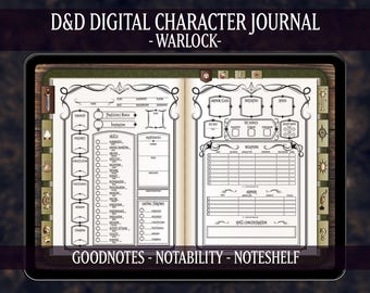 Puede incluir: Un diario de personaje digital para Dungeons & Dragons, específicamente para la clase de Hechicero. El diario está diseñado para usarse con las aplicaciones Goodnotes, Notability y Noteshelf. El diario presenta un diseño en blanco y negro con un borde decorativo.