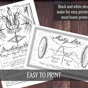 Puede incluir: Dos ilustraciones imprimibles en blanco y negro de hechizos m&aacute;gicos. La primera ilustraci&oacute;n se titula "Prestidigitation" y presenta una vela y formas geom&eacute;tricas. La segunda ilustraci&oacute;n se titula "Misty Step" y presenta una l&iacute;nea ondulada y dos c&iacute;rculos.