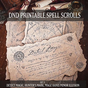 Pergaminhos de feitiço imprimíveis DND, adereço Dungeon Master TTRPG, design preto e branco, conjunto 3: detectar magia, marca de caçador, mão de mago, ilusão menor