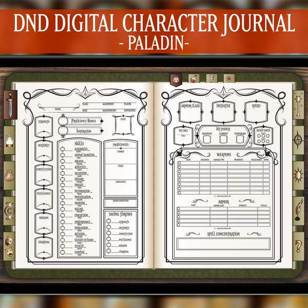 DND Paladin Digital Character Journal, Dungeons and Dragons 5e, Spell Cards Included, Elven Design