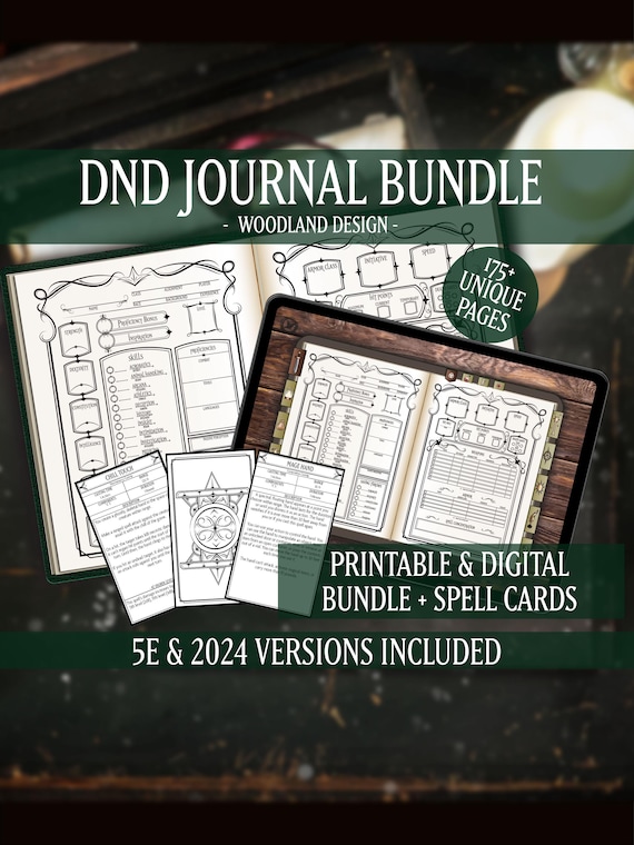 DND Character Journal Printable and Digital Bundle + Spell Cards, 5e & 2024 (Instant Download PDF)
