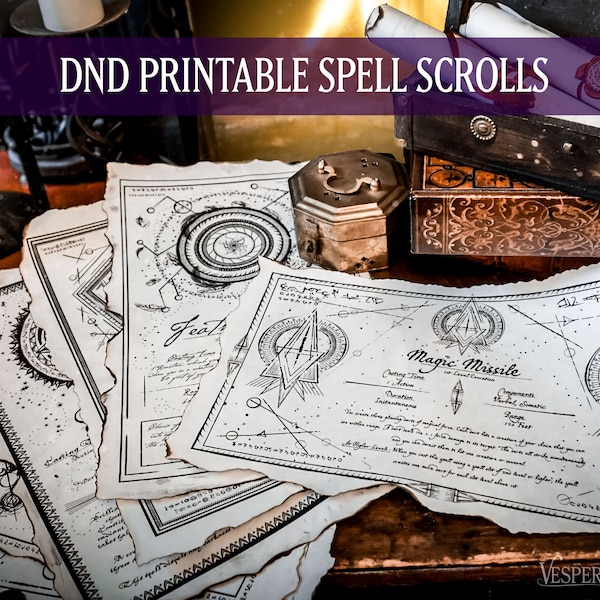 DND Printable Spell Scrolls, Tabletop Prop, Black & White Design, Set 1: Entangle, Feather Fall, Fireball, Magic Missile