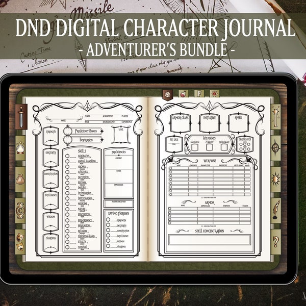 DND Digital Journal, Dungeons and Dragons 5e Digital Journal, Digital D&D Character Sheets with Spell Cards, Elven Design -Adventure Bundle