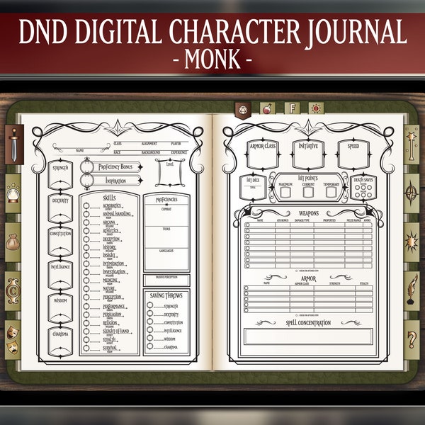 DND Monk Digital Character Journal - Dungeons & Dragons 5e - Elven Design