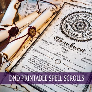 DND Printable Spell Scrolls, Tabletop Prop, Magic, Black & White Design, Set 2: Banishment, Dimension Door, Sunburst, Wish