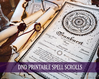 DND Printable Spell Scrolls, Tabletop Prop, Magic, Black & White Design, Set 2: Banishment, Dimension Door, Sunburst, Wish