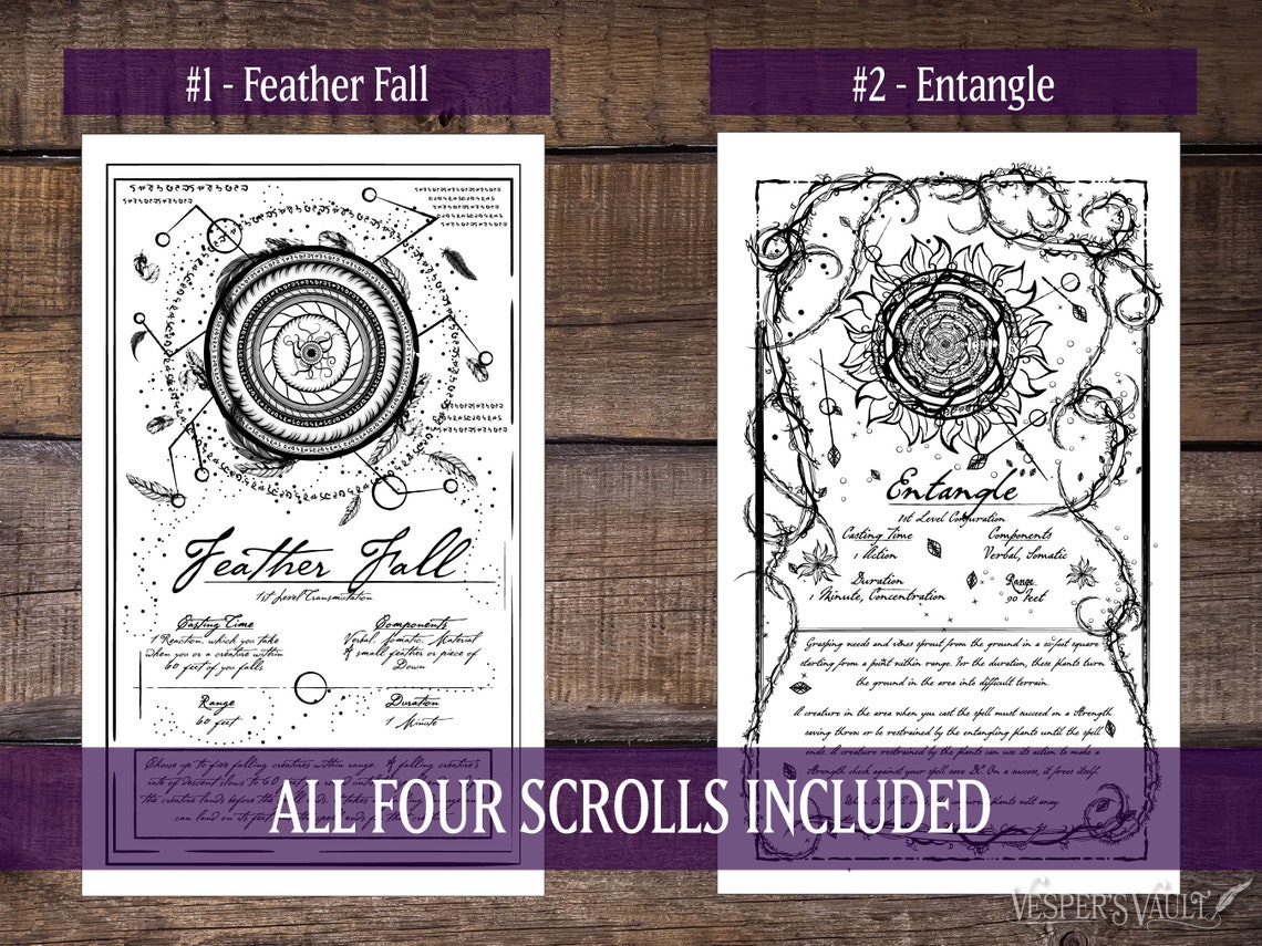 DND Printable Spell Scrolls, Tabletop Prop, Black &amp; White Design, Set 1: Entangle, Feather Fall ...