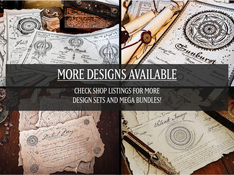 Puede incluir: Una colecci&oacute;n de pergaminos de estilo vintage con varios dise&ntilde;os de hechizos m&aacute;gicos, incluyendo "Magic Missile", "Sunburst", "Silent Image" y "Detect Magic". Los pergaminos est&aacute;n sobre una superficie marr&oacute;n oscuro con una caja de madera y otros elementos decorativos. El texto "MORE DESIGNS AVAILABLE" y "CHECK SHOP LISTINGS FOR MORE DESIGN SETS AND MEGA BUNDLES!" se muestra en una pancarta negra.