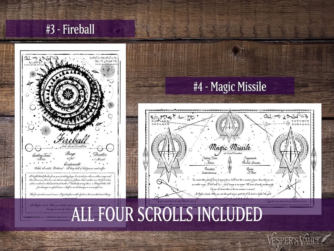 DND Printable Spell Scrolls, Tabletop Prop, Black &amp; White Design, Set 1: Entangle, Feather Fall ...