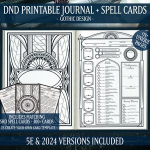 DND 5e + 2024 Character Sheet Journal & Spell Cards, Gothic Design (Printable PDF Download)