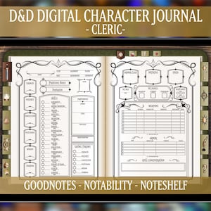 DND Cleric Digital Character Journal, Dungeons and Dragons 5e, Spell Cards Included, Elven Design