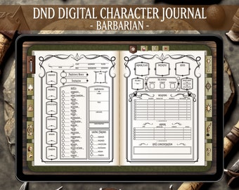 DND Barbarian Digital Journal, Dungeons and Dragons 5e Digital Journal, Spell Cards - Elven Design - Barbarian Character Sheet