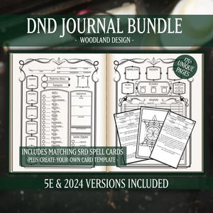 DnD Character Sheet Printable Journal + Spell Cards, 5e + 2024, Woodland Design (Printable PDF Bundle)
