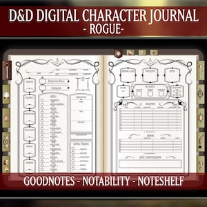 May include: A black and white printable Dungeons and Dragons character sheet for a rogue. The sheet is designed for use with digital note-taking apps like Goodnotes, Notability, and Noteshelf.