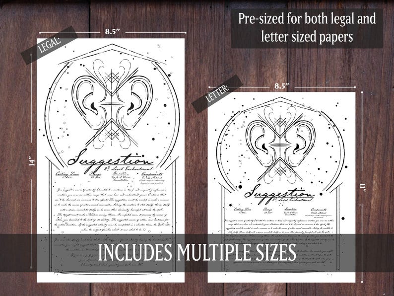 Puede incluir: Descarga digital imprimible en blanco y negro de un hechizo de sugerencia con un dise&ntilde;o geom&eacute;trico y un texto que dice "Suggestion 2nd Level Enchantment". La impresi&oacute;n est&aacute; disponible en dos tama&ntilde;os: 8,5 x 14 pulgadas y 8,5 x 11 pulgadas.