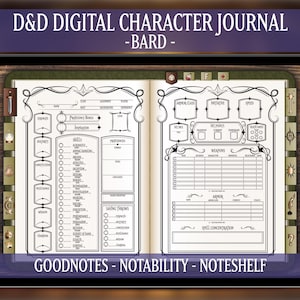 DND Bard Digital Journal 5e 2024: Spell Cards & Character Sheet (PDF Download) Elven Design