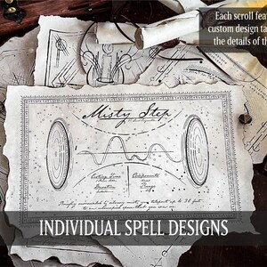 Puede incluir: Un primer plano de un rollo de estilo vintage con una ilustraci&oacute;n dibujada a mano de un hechizo m&aacute;gico llamado "Misty Step". El rollo est&aacute; hecho de papel pergamino y tiene un aspecto desgastado. El texto "INDIVIDUAL SPELL DESIGNS" est&aacute; impreso en la parte inferior del rollo.