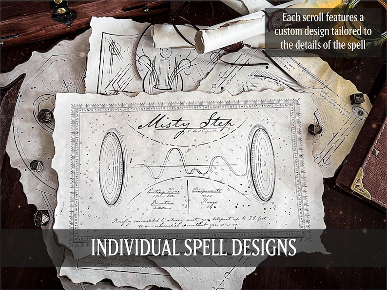 Puede incluir: Un primer plano de un rollo de estilo vintage con una ilustraci&oacute;n dibujada a mano de un hechizo m&aacute;gico llamado "Misty Step". El rollo est&aacute; hecho de papel pergamino y tiene un aspecto desgastado. El texto "INDIVIDUAL SPELL DESIGNS" est&aacute; impreso en la parte inferior del rollo.
