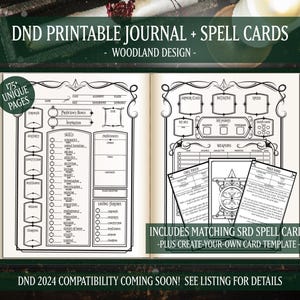 DND Character Sheet Journal 5e + Matching Spell Cards Bundle, Printable PDF, Woodland Design, Dungeons & Dragons Character, Instant Download