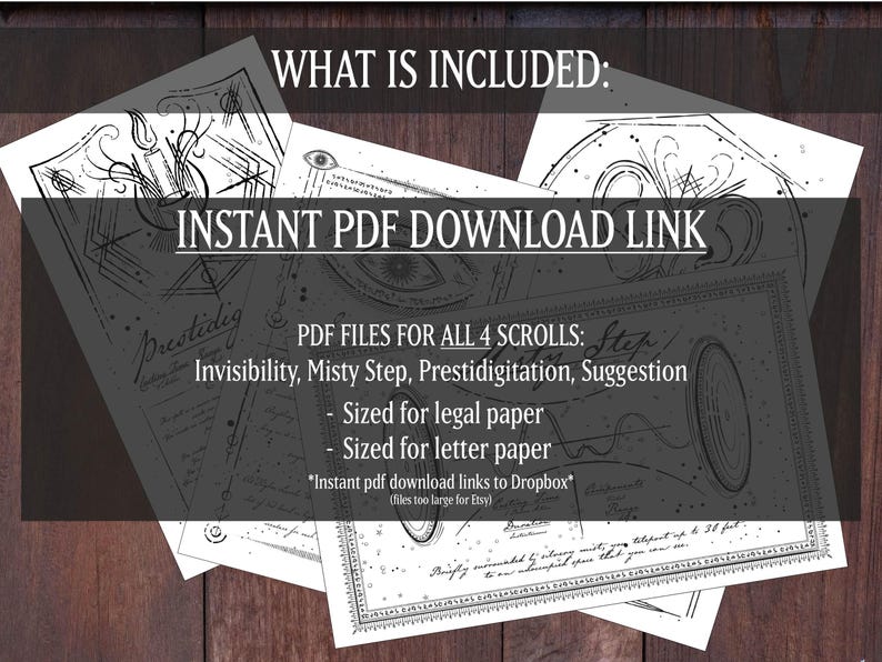 Puede incluir: Una imagen en blanco y negro de cuatro pergaminos imprimibles con el texto "WHAT IS INCLUDED: INSTANT PDF DOWNLOAD LINK PDF FILES FOR ALL 4 SCROLLS: Invisibility, Misty Step, Prestidigitation, Suggestion - Sized for legal paper - Sized for letter paper *Instant pdf download links to Dropbox* (files too large for Etsy)"