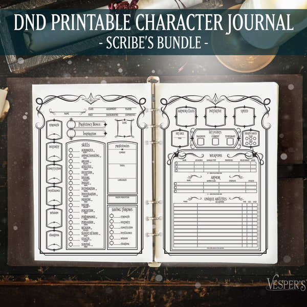 DND Printable Character Journal, Scribe's Bundle, Elven Design, Instant Download, DND 5e Character Sheet PDF