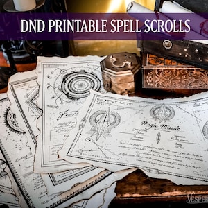 Pergamene magiche stampabili DND, oggetti da tavolo, magia, design in bianco e nero, set 1: Entangle, Feather Fall, Fireball, Magic Missile, Spellbook