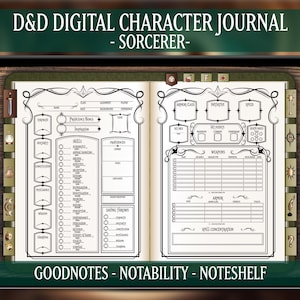 DND Sorcerer Digital Character Journal, Dungeons and Dragons 5e, Spell Cards Included, Elven Design
