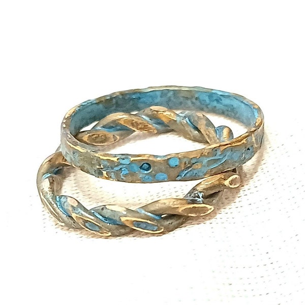 Matching Celtic rings, Couple ring set, Blacksmith Rings for two, Wedding & Engagement, Blue patina Copper Viking Custom jewelry