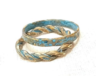 Matching Celtic rings, Couple ring set, Blacksmith Rings for two, Wedding & Engagement, Blue patina Copper Viking Custom jewelry