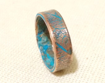 Mens ring engraved, Real Leaf texture Thin Mens wedding band Custom jewelry Forged Hammered Blue Patina