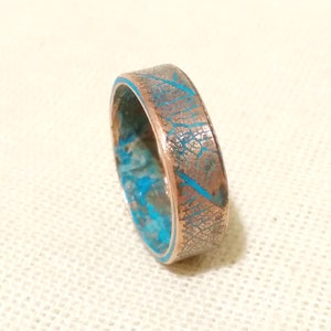 Mens ring engraved, Real Leaf texture Thin Mens wedding band Custom jewelry Forged Hammered Blue Patina
