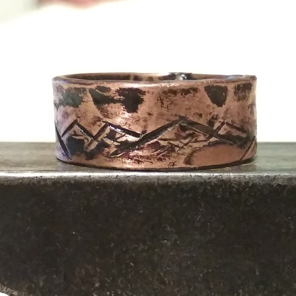 Rugged mens band, Mountain rings bands, Wide Mens wedding band, Made by blacksmith, Custom jewelry Forged Engraved Personalized