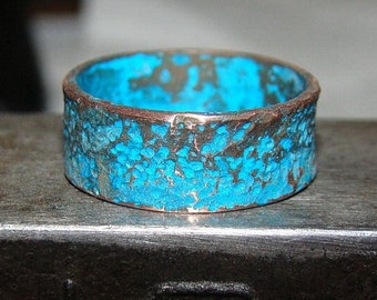 Ocean blue ring, Mens wedding band, Patina ring, Textured copper ring, Hammered wide band ring, Pure copper rings for women, Engagement ring