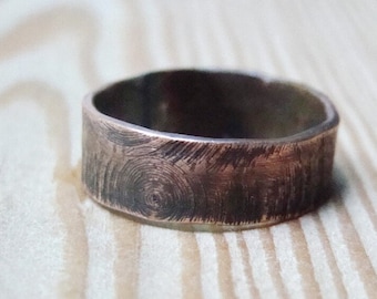 Mens ring wood texture, Wide Mens wedding band Custom jewelry Forged Engraved Personalized