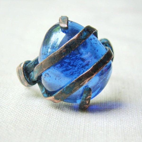 Blue Glass Cocktail Ring, Best friend Gift, Fused Glass Copper Ring, Bridesmaid, Proposal Ring, Gift for sister girlfriend mom, for her